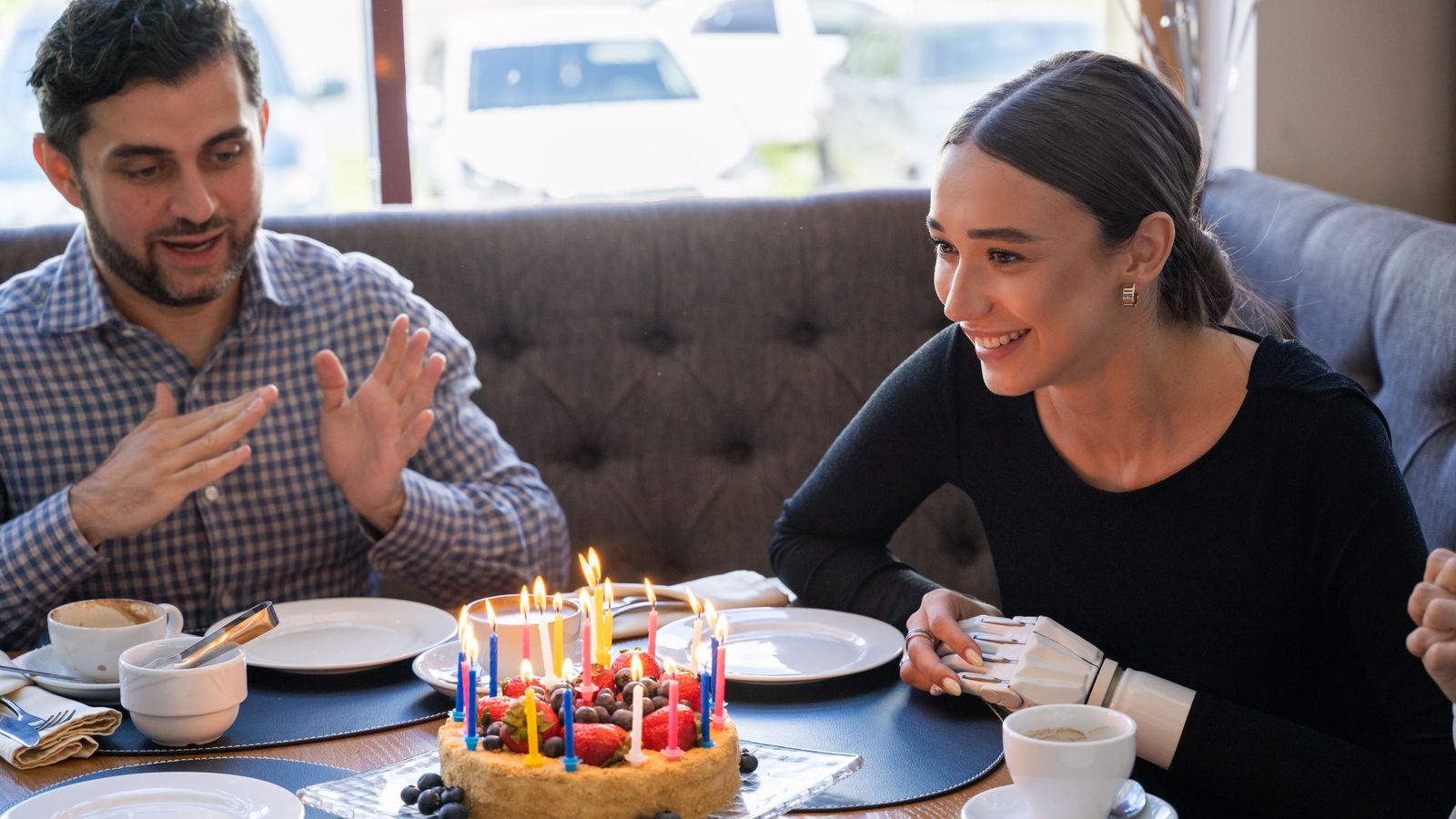 Dessert with a candle at a restaurant