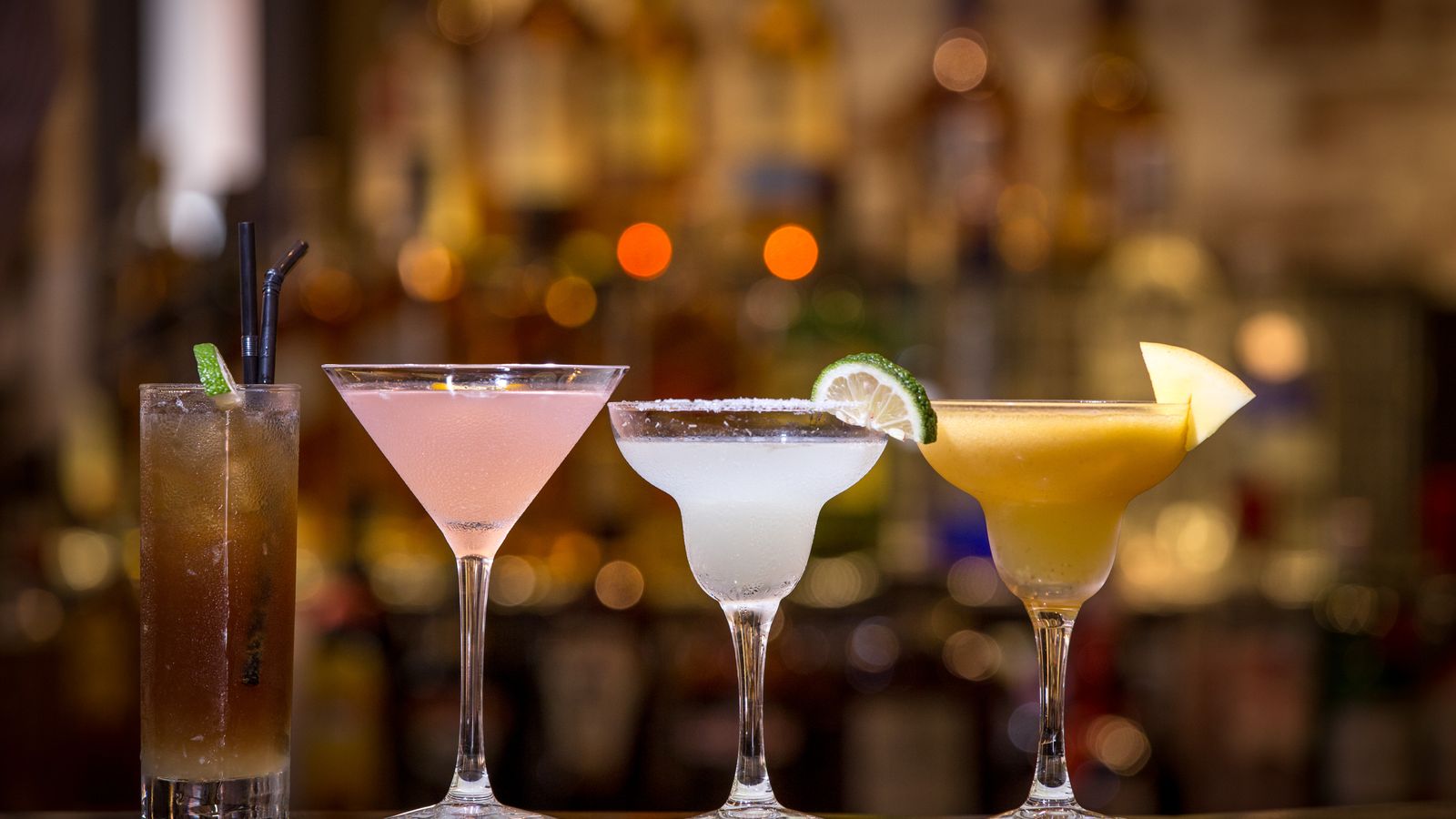 Cocktails on a bar during happy hour